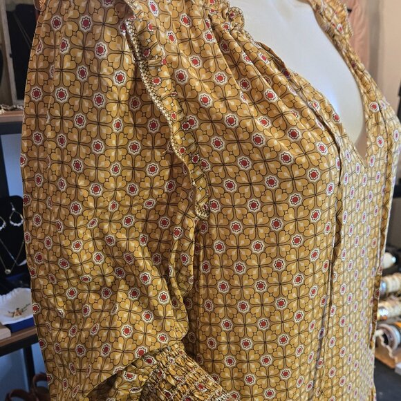NWT Beige Yellow printed Frill dress XL fits 10 max - Picture 2 of 5